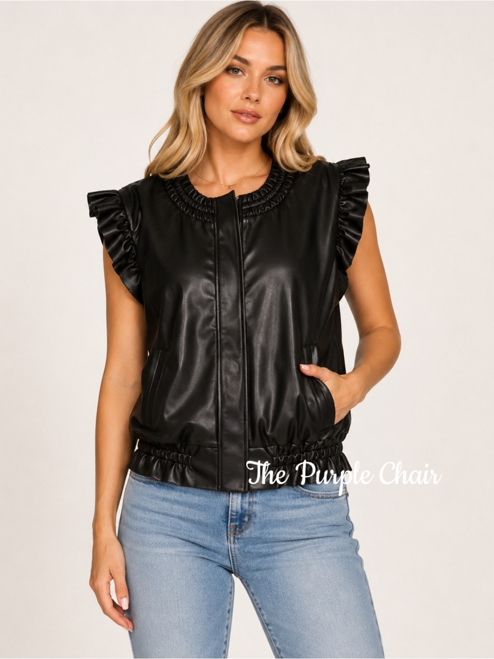 JOH. NWT Sleeveless Ruffle Jaide Leather Zip Up Vest XS